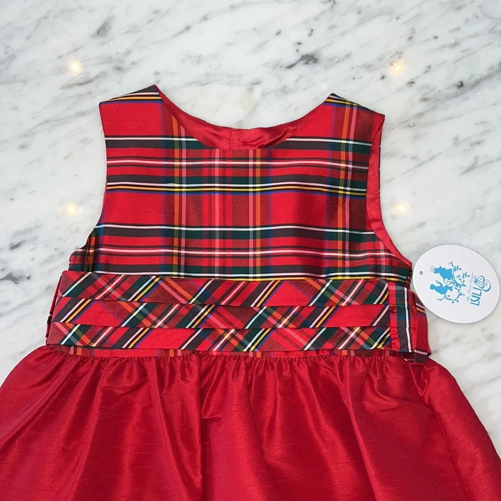 New Luli and Me Girls Red Silk Holiday Christmas Plaid Scallop Hem Party Dress - Picture 2 of 5